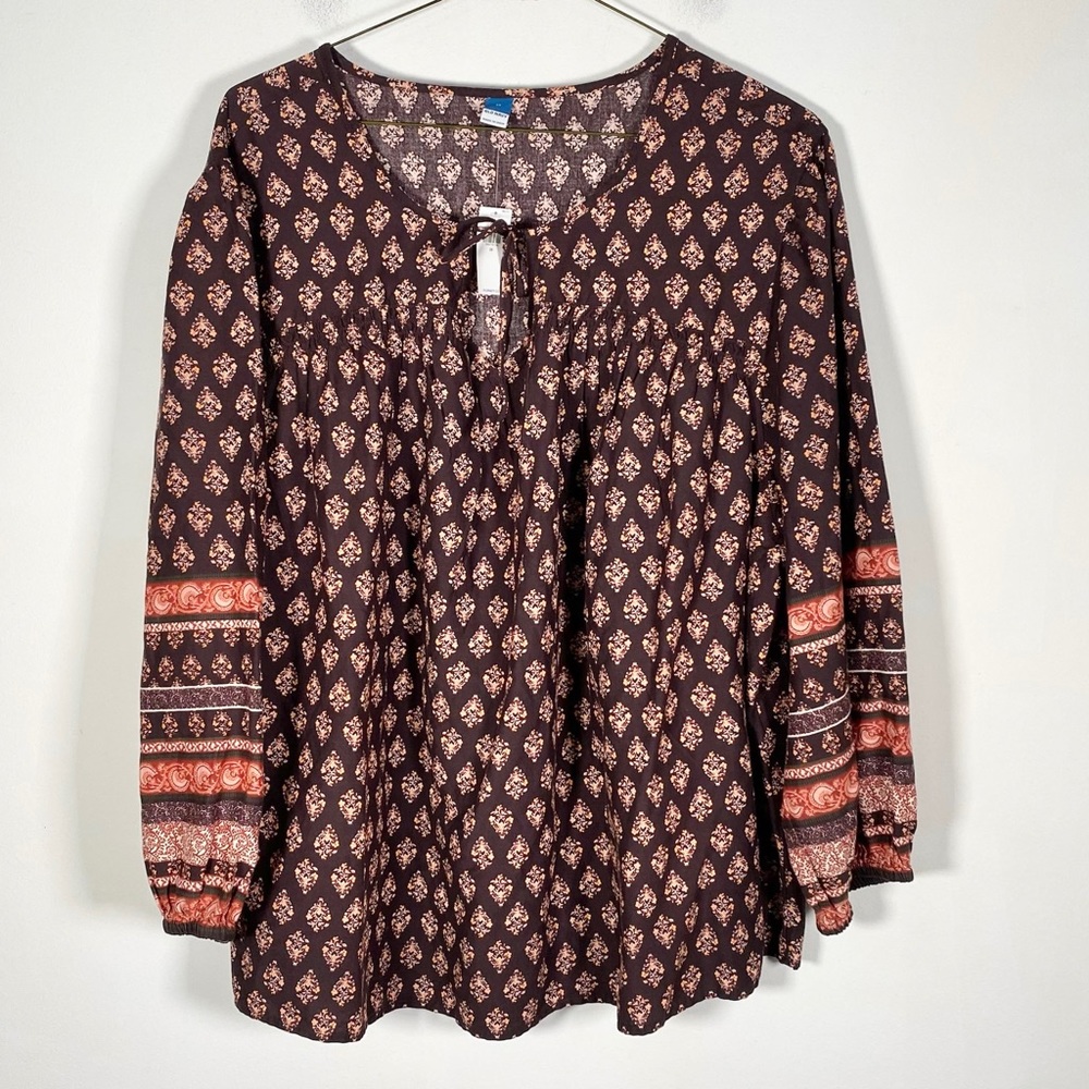 Old Navy Women’s NWT Size 2X Brown Print Spilt Neck Blouse